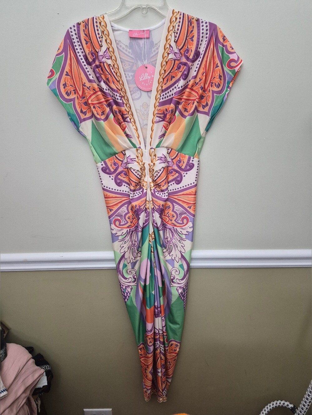 Lilly's Closet Purple, Orange and Green Paisley Maxi Dress Medium